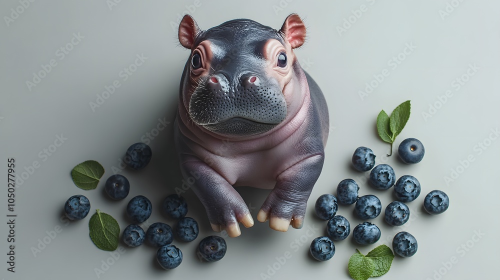 Poster a top-down view of a baby pygmy hippopotamus sitting beside a handful of blueberries, its small nose