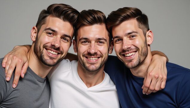 Polyamorous trio of gay men showcasing strong loving bond within their committed relationship