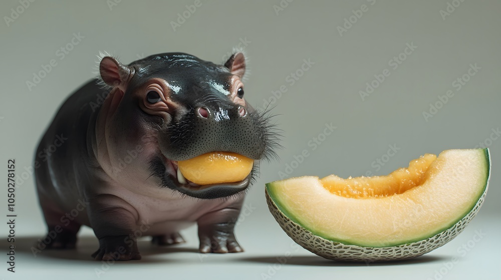 Poster a front-angle view of a baby pygmy hippopotamus peering at a slice of cantaloupe, its mouth slightly