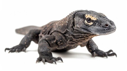 Obraz premium young Komodo Dragon hatchling moves confidently in a bright setting highlighting its distinctive scales and natural curiosity as it explores its surroundings.