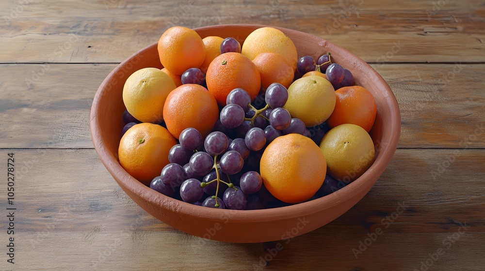 Poster A high-angle view of a clay bowl overflowing with grapes and oranges, set in the center of a wooden table, plain background, 4K resolution
