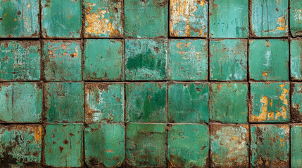 Old, worn green tiles with orange patches cover a surface. Concept is decay and rustic charm. For home renovation inspiration.