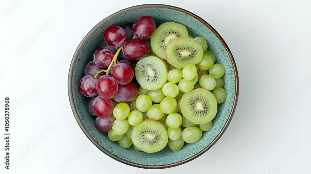 Poster A top-down view of a bowl overflowing with grapes and kiwi slices, resting on a minimalist table, plain background, 4K resolution