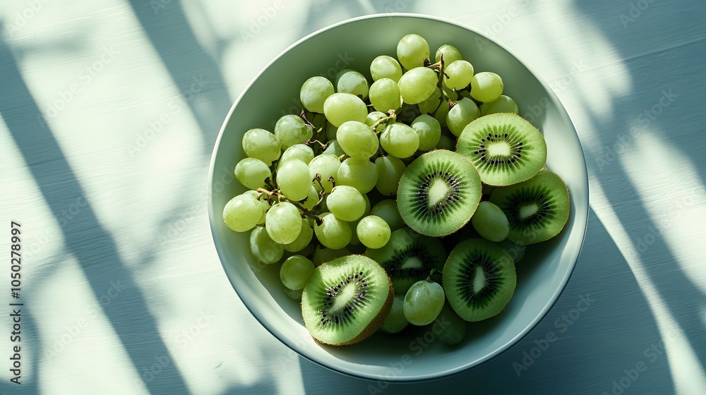 Poster A top-down view of a bowl overflowing with grapes and kiwi slices, resting on a minimalist table, plain background, 4K resolution