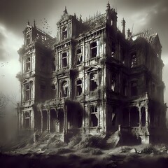 Fototapeta premium Abandoned Gothic Mansion with Eerie Overcast Sky 