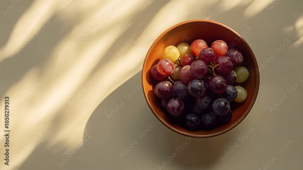 Poster A top-down view of a small bowl of grapes and blueberries, carefully placed on a clean table, plain background, 4K resolution