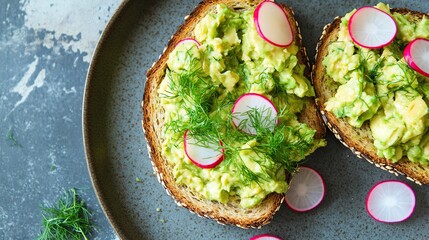 A plate of avocado toast topped with radish slices and dill.