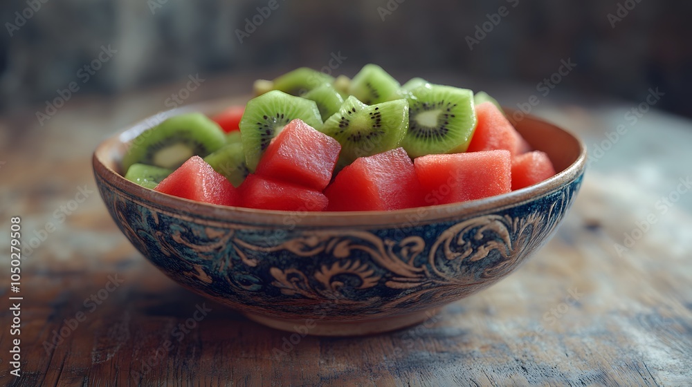 Poster A high-angle shot of a decorative bowl with watermelon cubes and kiwi slices, placed neatly on a rustic table, plain background, 4K resolution