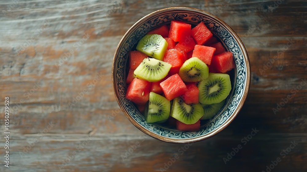 Poster A high-angle shot of a decorative bowl with watermelon cubes and kiwi slices, placed neatly on a rustic table, plain background, 4K resolution