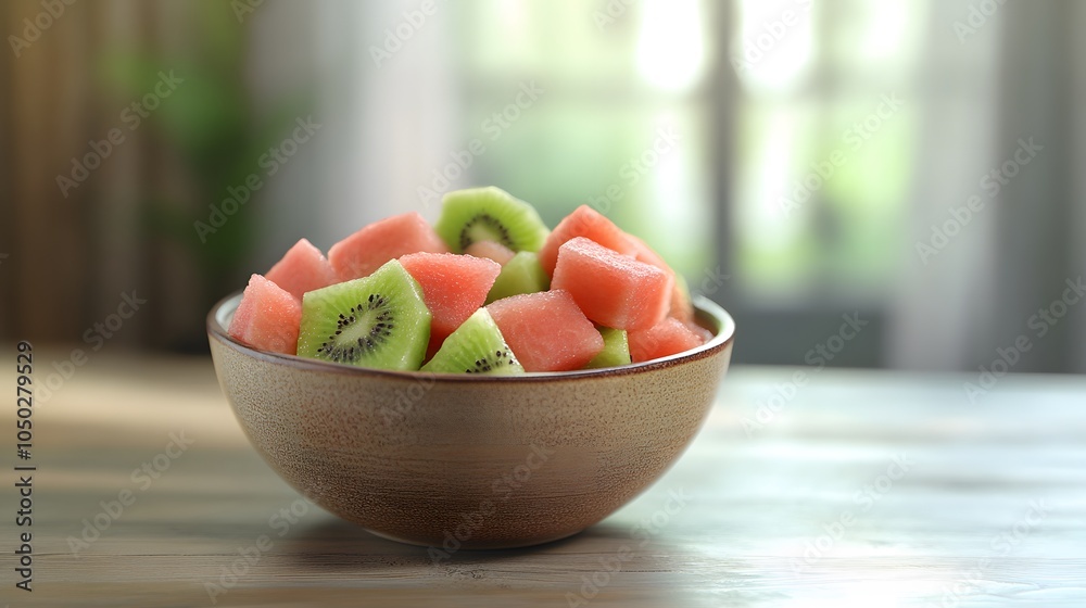 Poster A high-angle shot of a decorative bowl with watermelon cubes and kiwi slices, placed neatly on a rustic table, plain background, 4K resolution