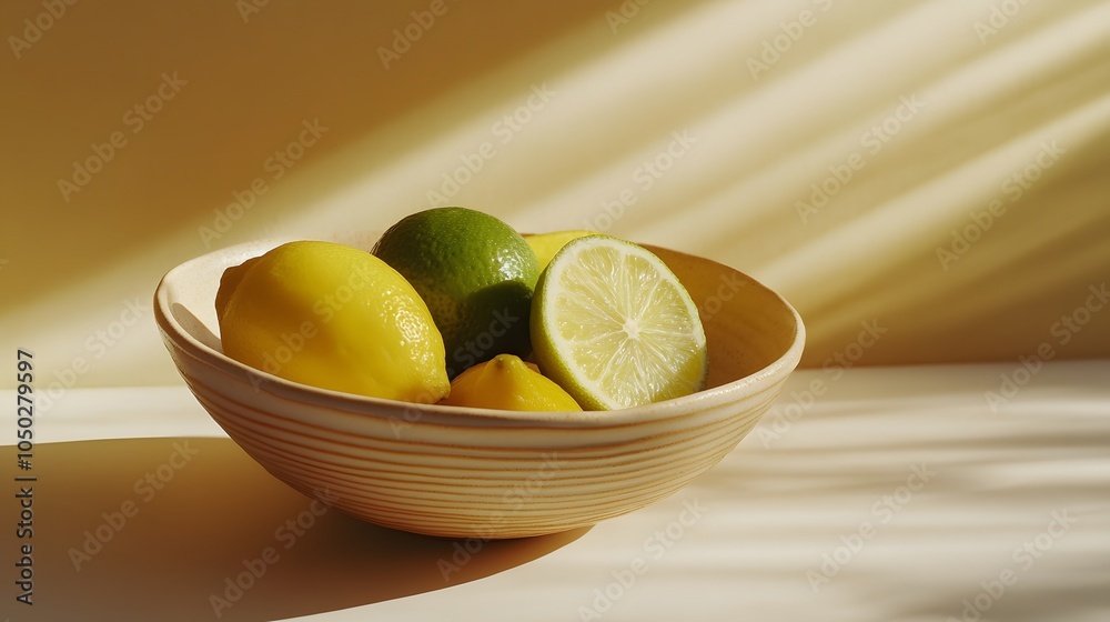 Poster A close-up view of a bowl with slices of lime and lemon, arranged artistically on the table, plain background, 4K resolution