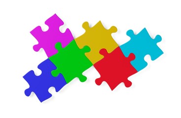 Fototapeta premium Multi colored jigsaw puzzle pieces in white background, brainstorming, software module or business teamwork concept, flat lay top view from above