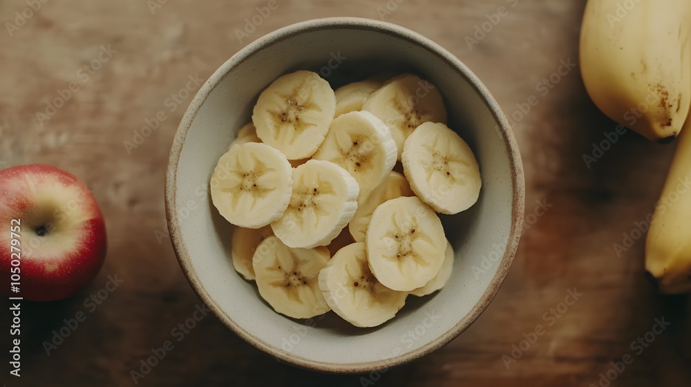 Poster A top-down view of a bowl with bananas and apple slices, positioned perfectly on a smooth table, plain background, 4K resolution