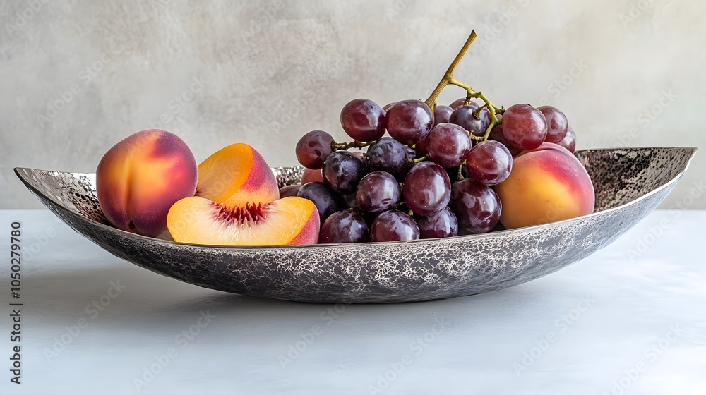 Poster A high-angle shot of a decorative bowl with grape and peach slices, arranged on a clean table, plain background, 4K resolution