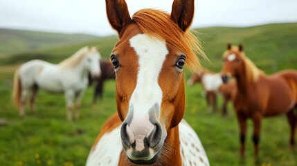 Obraz premium Chestnut horse with white markings stands in a lush green pasture, other horses in background. Concept of nature and freedom. For nature or farm-themed content