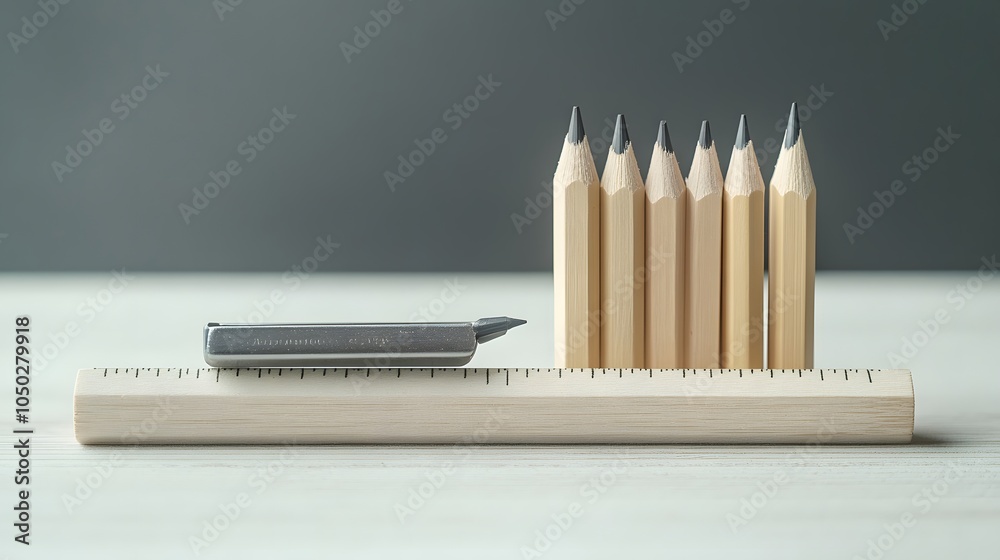 Poster A front-angle view of a wooden ruler, sketch pencils, and a sharpener, artfully arranged on a clean table, plain background, 4K resolution
