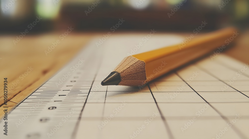Poster A close-up, side-angle shot of a mechanical pencil and ruler resting side by side on a minimalist table, plain background, 4K resolution