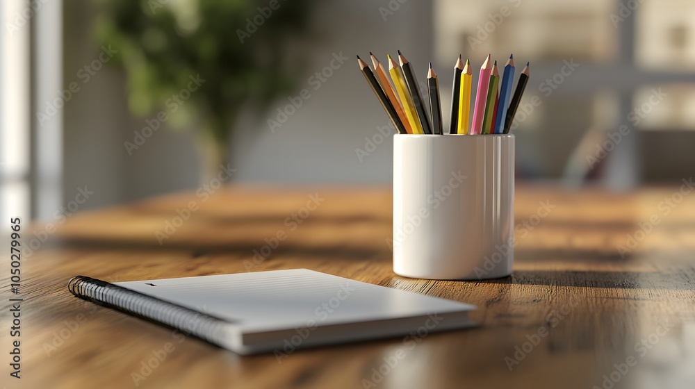 Poster A front-angle view of a cup of pens and pencils, accompanied by a small notebook on a polished table, plain background, 4K resolution