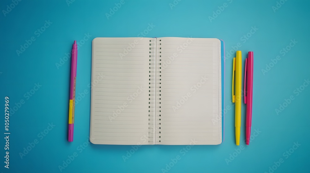 Poster A wide-angle shot of an open notebook with a ruler and colored pens placed neatly, plain background, 4K resolution