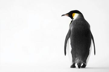 Naklejka premium Majestic emperor penguin standing alone on snowy white background. Penguin Awareness Day