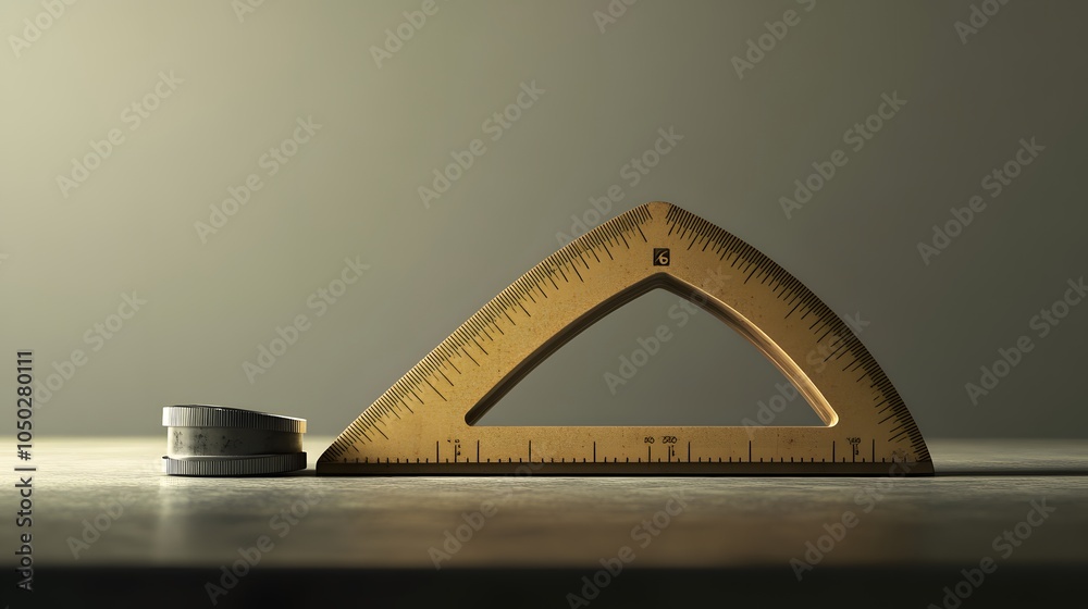 Poster A side-angle view of a protractor, ruler, and sharpener, neatly aligned on a smooth surface, plain background, 4K resolution