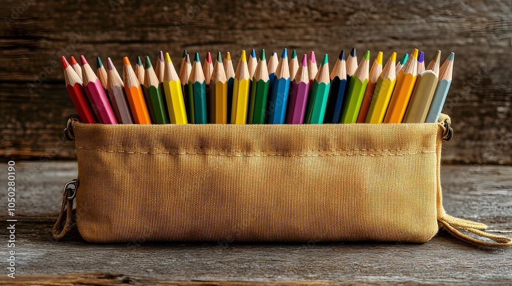 Poster A wide shot of a pencil case filled with colored pencils and pens, placed neatly on a rustic table, plain background, 4K resolution