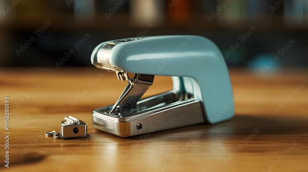 Poster A side-angle view of a small stapler, paper clips, and a sharpener, neatly arranged on a wooden table, plain background, 4K resolution
