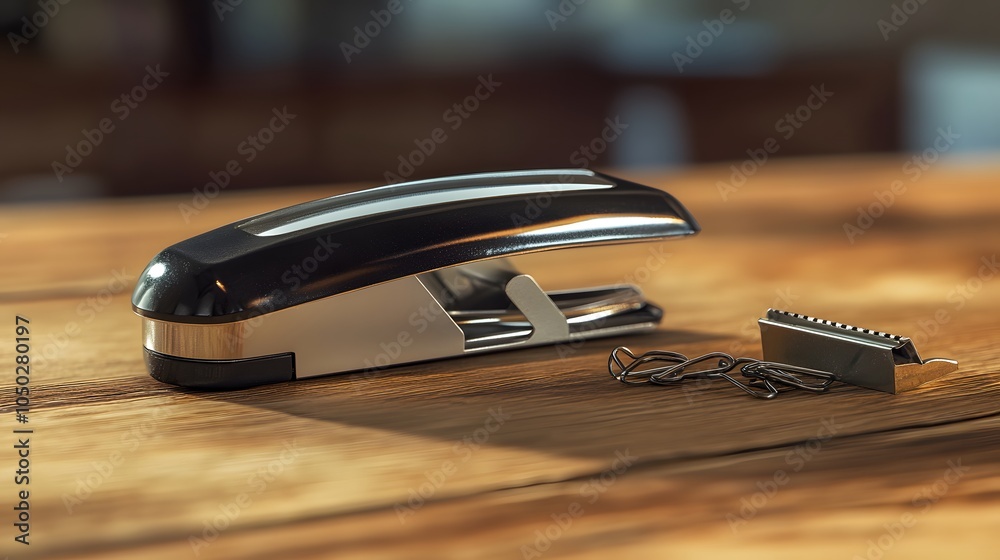 Poster A side-angle view of a small stapler, paper clips, and a sharpener, neatly arranged on a wooden table, plain background, 4K resolution