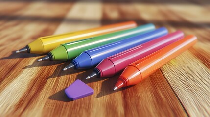 Fototapeta premium A front-angle close-up of a set of colored pens and an eraser, on a clean wooden table, plain background, 4K resolution