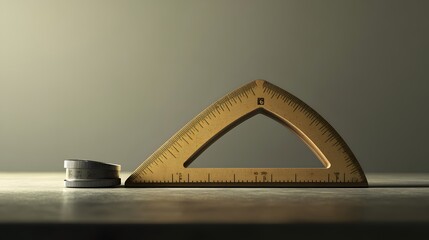 Obraz premium A side-angle view of a protractor, ruler, and sharpener, neatly aligned on a smooth surface, plain background, 4K resolution