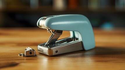 A side-angle view of a small stapler, paper clips, and a sharpener, neatly arranged on a wooden table, plain background, 4K resolution