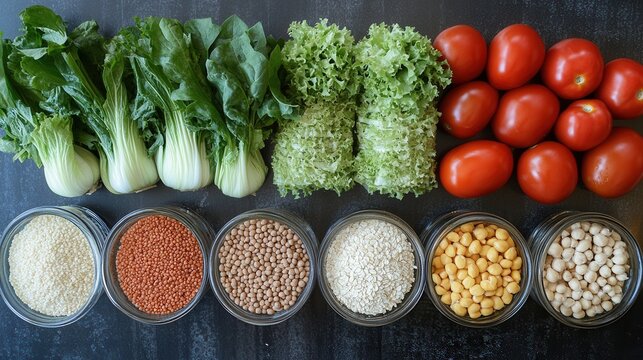 A vibrant assortment of fresh vegetables including lettuce and tomatoes is neatly displayed alongside various legumes like lentils and chickpeas. This colorful layout showcases ingredients ideal for n