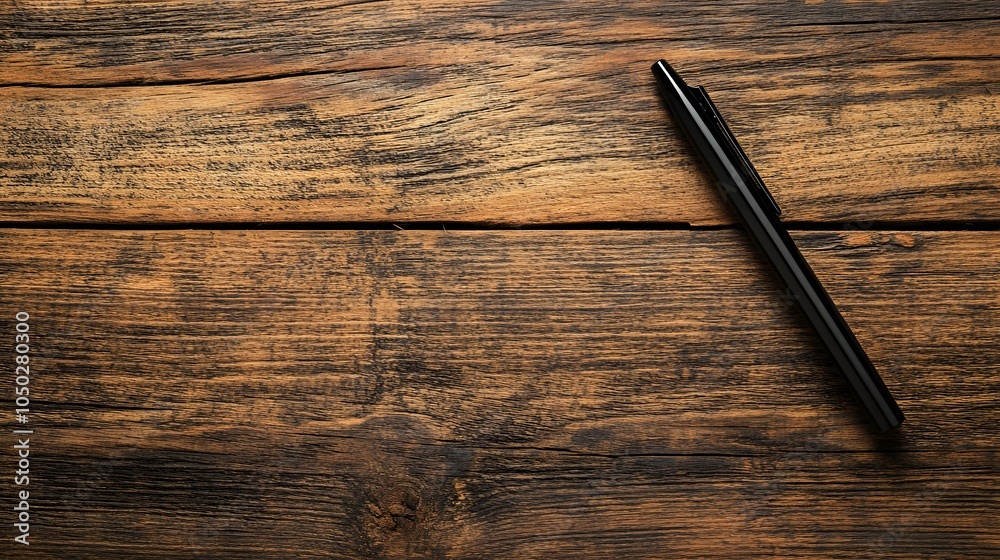 Poster A top-down view of a single black pen placed neatly on a wooden table, minimal style, plain background, 4K resolution