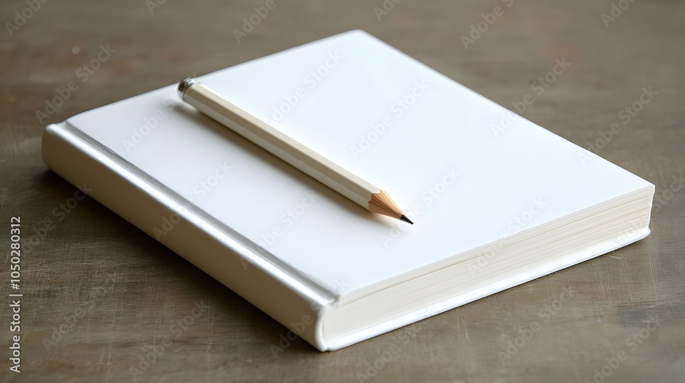 Poster a close-up, side-angle shot of a simple white notebook and one pencil, aligned perfectly on a clean 