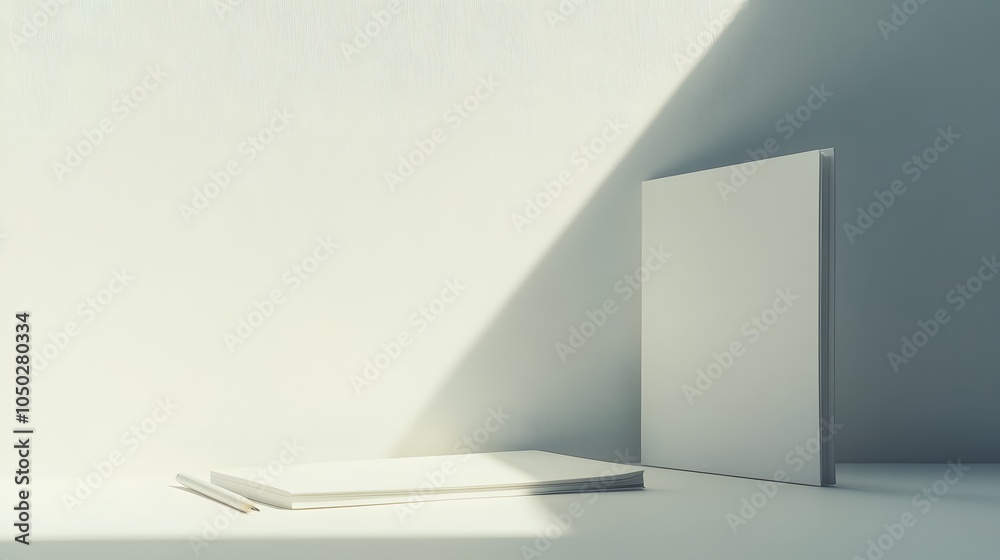 Poster a close-up, side-angle shot of a simple white notebook and one pencil, aligned perfectly on a clean 