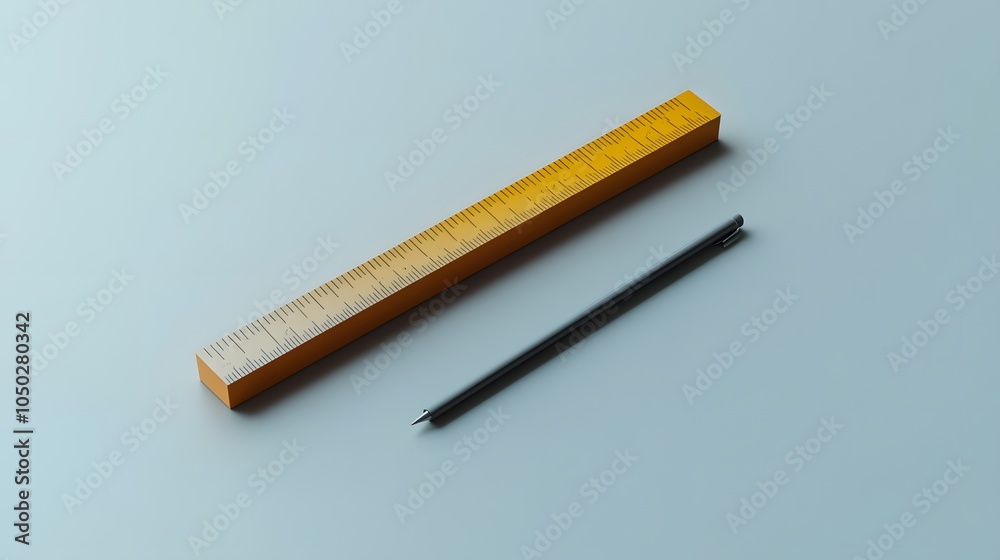 Poster a high-angle shot of a lone ruler and eraser positioned symmetrically on a sleek surface, minimal st