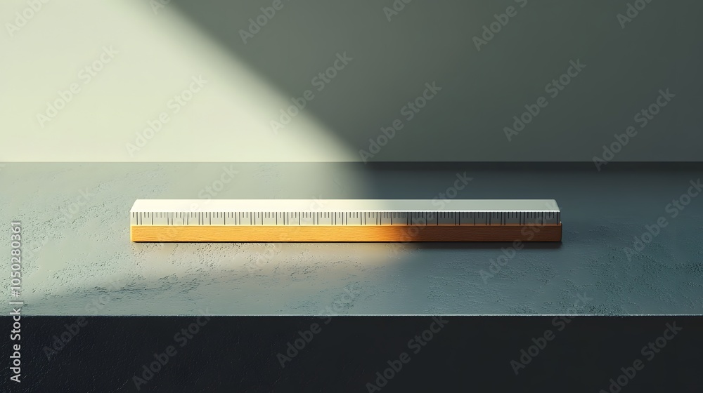Poster a high-angle shot of a lone ruler and eraser positioned symmetrically on a sleek surface, minimal st