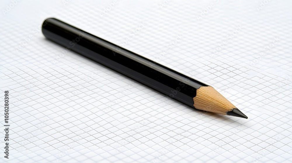Poster a close-up, side-angle of a single mechanical pencil resting on a blank white notebook, minimal styl