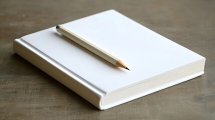 A close-up, side-angle shot of a simple white notebook and one pencil, aligned perfectly on a clean table, minimal style, plain background, 4K resolution