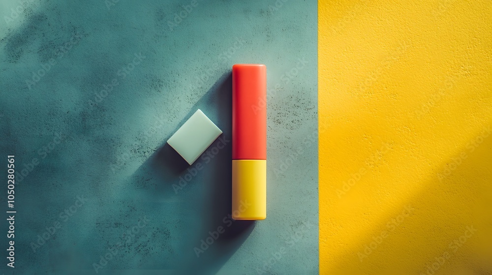 Poster A top-down shot of a single highlighter next to an eraser, positioned symmetrically on a modern table, plain background, 4K resolution