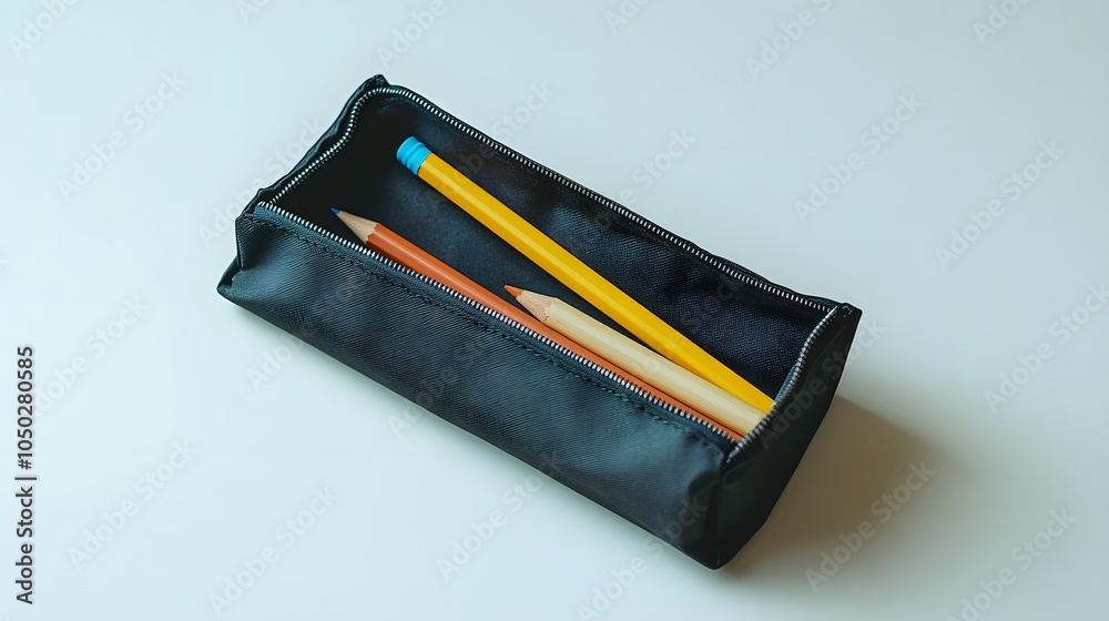 Poster a side-angle shot of a simple pencil case open with just a few essentials, plain background, minimal