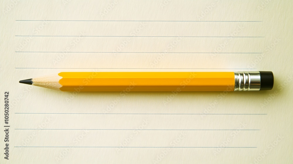 Poster a top-down view of a mechanical pencil placed diagonally across a clean notepad, minimal style, plai