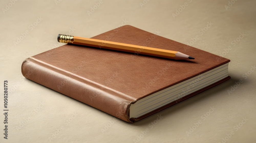 Poster A minimalist setup of a single notebook with one pencil resting across it, plain background, 4K resolution