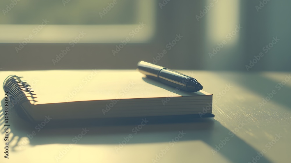 Poster A side-angle close-up of a single highlighter beside a notebook, on a minimalist table, plain background, 4K resolution