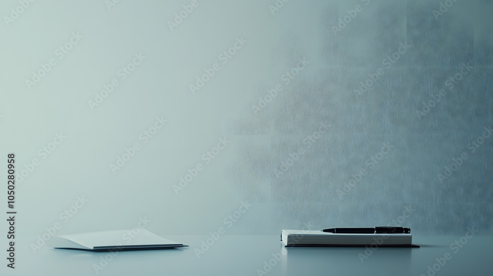 Poster A clean, minimal setup of just a pen and small notepad on a smooth table, plain background, 4K resolution