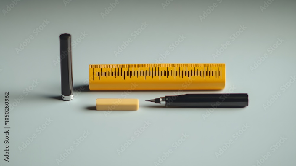 Poster a front-angle shot of a ruler, eraser, and single marker, neatly arranged on a sleek surface, minima