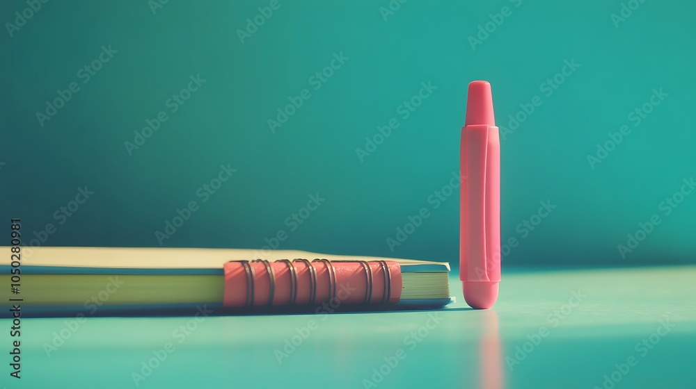 Poster a side-angle close-up of a single highlighter beside a notebook, on a minimalist table, plain backgr
