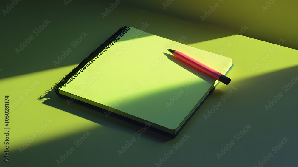 Poster A wide-angle view of a notebook and a single highlighter, positioned symmetrically on a table, minimal style, plain background, 4K resolution