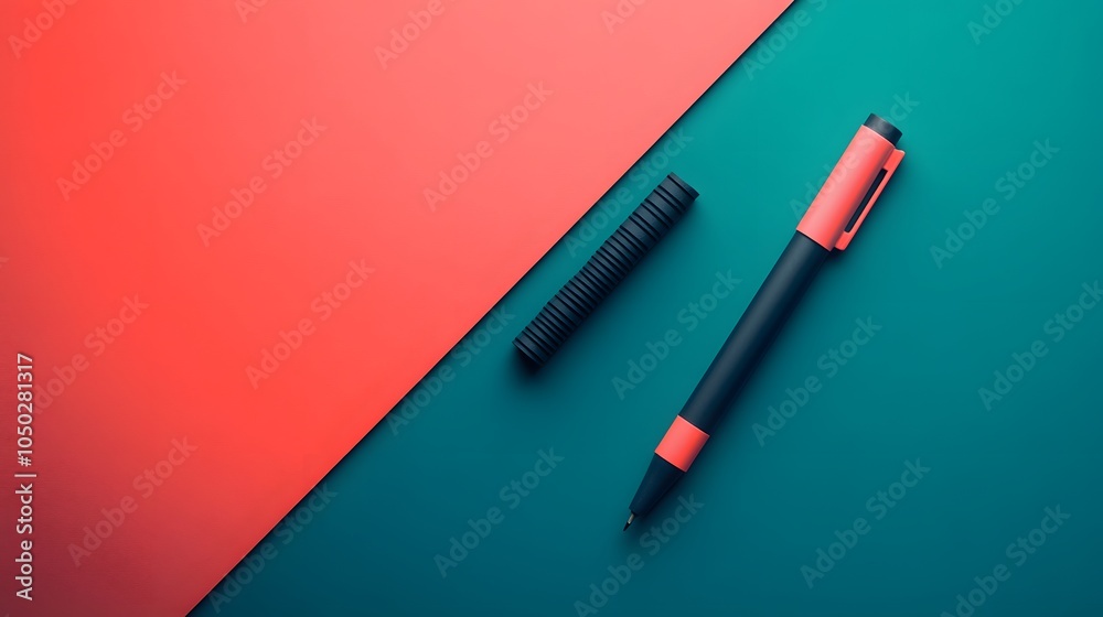 Poster a top-down shot of a single marker and an eraser, aligned on a polished desk, minimal style, plain b
