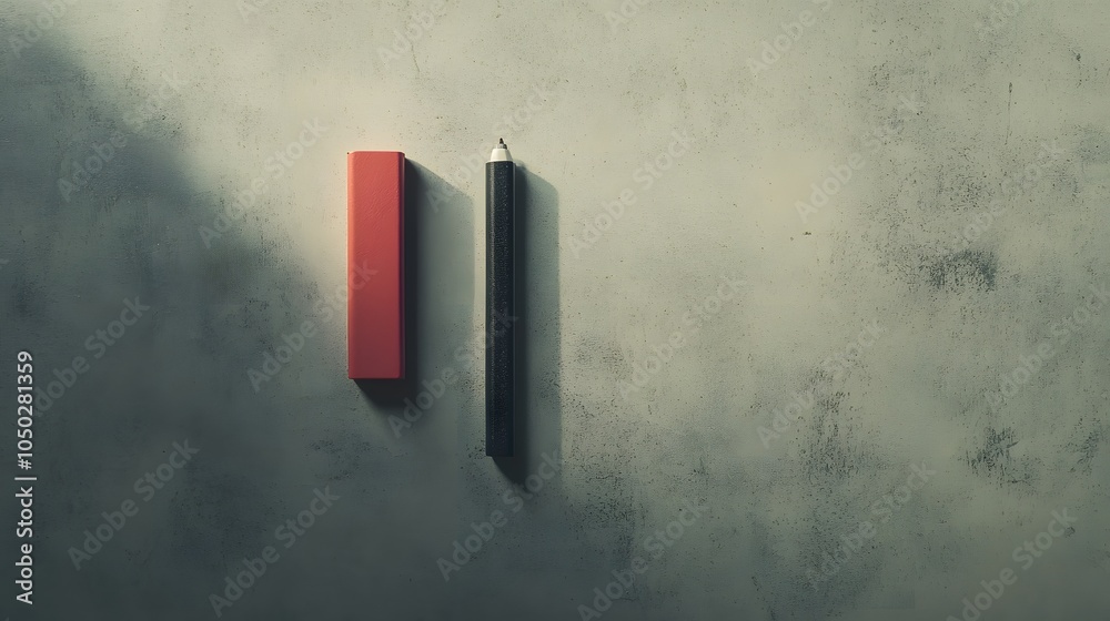 Poster a top-down shot of a single marker and an eraser, aligned on a polished desk, minimal style, plain b